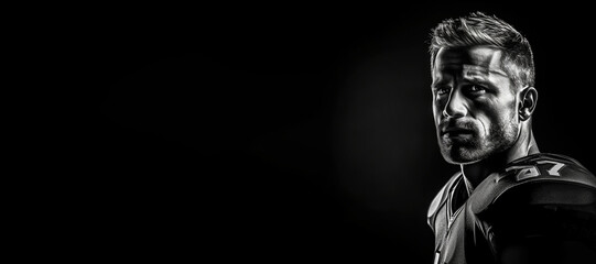 Fototapeta na wymiar Black and white photorealistic studio portrait of an American football player on black background. Generative AI illustration