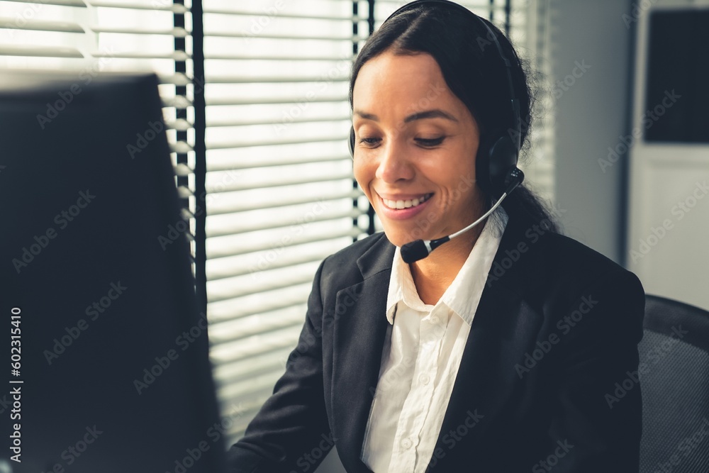 Aufkleber competent female operator working on computer and talking with clients. concept relevant to both cal