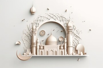 Happy Islamic new year. new lunar Hijri year, with crescent, gold podium, arabic lantern mosque, 1440. Creative photo, poster or banner, greeting card, copy space. Moon. Generative AI
