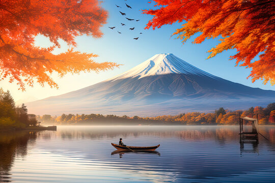 Illustration of Mount Fuji during autumn season. Colorful Autumn Season and Mountain Fuji. Famous landmark of Japan.