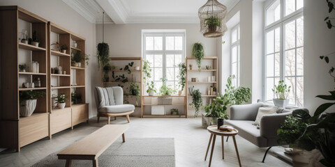 Fototapeta na wymiar Modern interior in the style of minimalism. A large bright room with modern furniture, large stained glass windows and evergreen houseplants. Generated AI