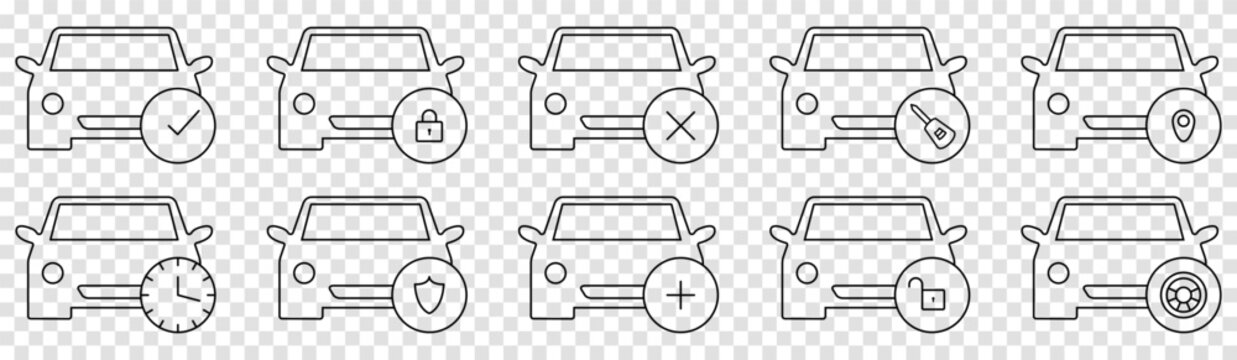 Set of thin line car sharing icons. Vector illustration isolated on transparent background
