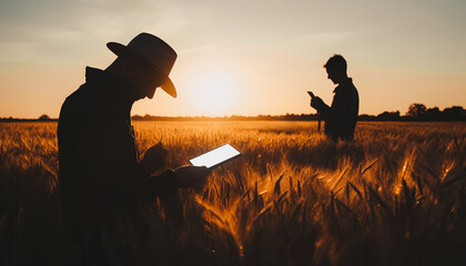 two people looking at a tablet in a field of wheat. sunset horizon Generative AI - obrazy, fototapety, plakaty