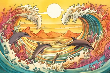 Dolphins swimming in the sea at sunset. Hand drawn illustration.