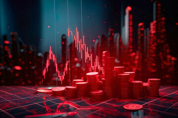 Stock Market Recession and Losses ,downtrend line graph and stock numbers in bear market on dark red color background.