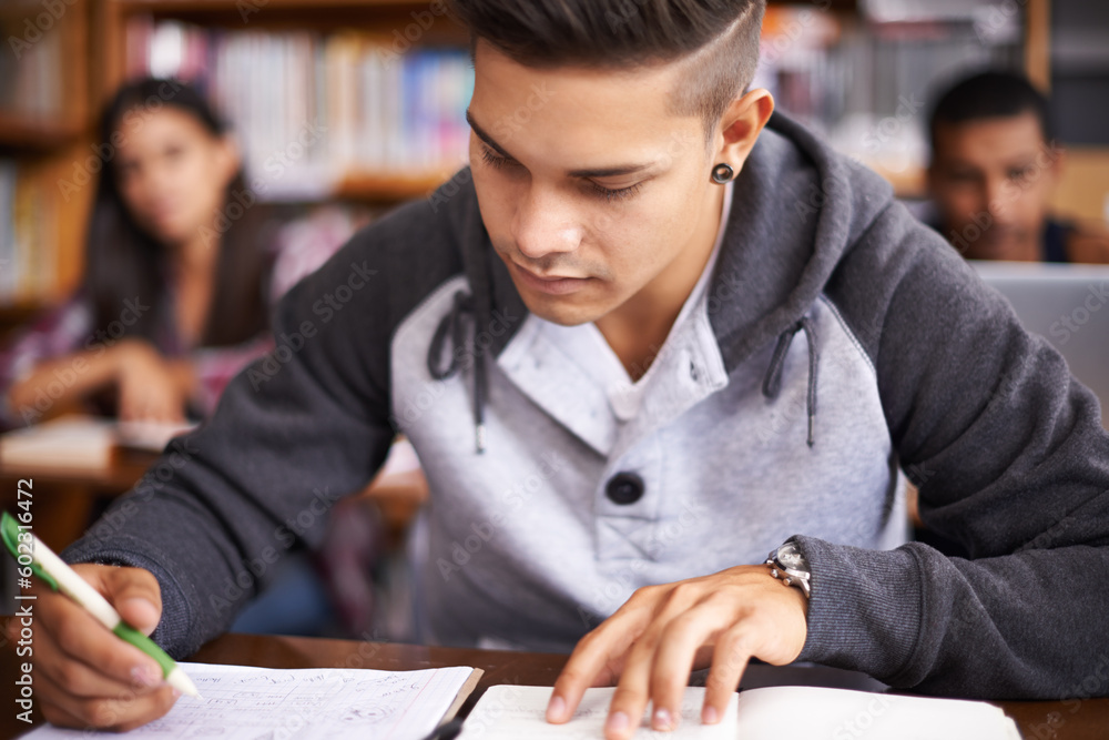 Poster study, writing and focus with man in library for education, research and classroom quiz. college, le