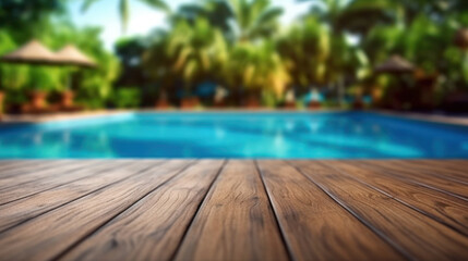 Fototapeta premium Empty wooden surface with summer travel hotel swimming pool background. Empty stage for products or text related to vacation and recreation.