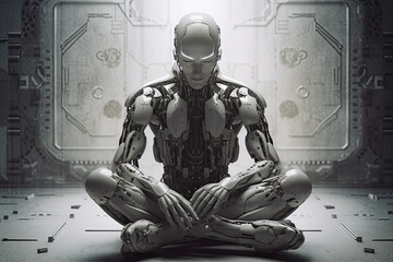 Modern futuristic human robot sit and thinking Ai Generated bakcground