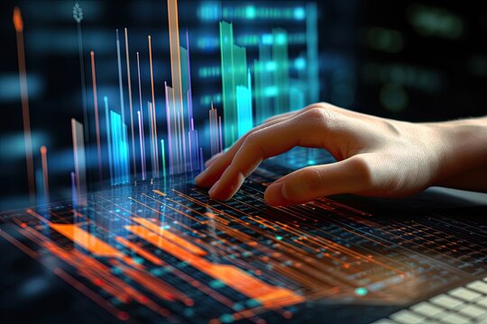 Hand on holographic screen explore manage system background ai generated