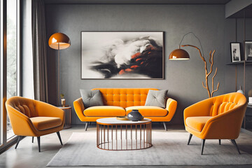 Mid-century modern with flowing shapes, velvet sofas and furniture created. Architectural photography of a modern living room. Generative Ai content