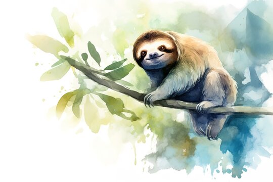 Watercolor illustration of a cute sloth on a tree branch.