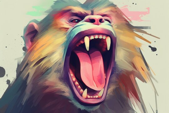 Angry monkey screaming, watercolor illustration.