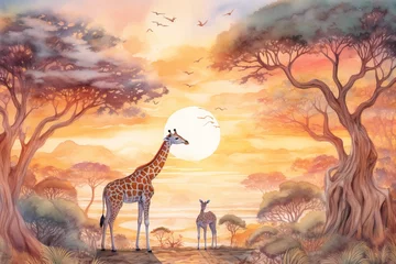 Foto op Aluminium Watercolor illustration of giraffe in the savanna at sunset. © 22Imagesstudio
