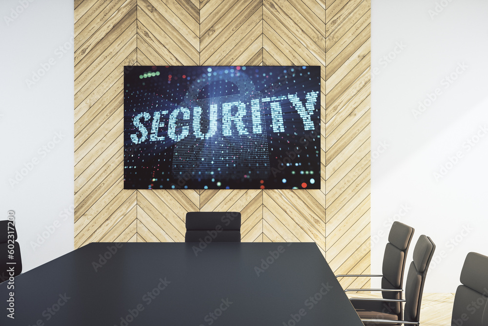 Poster Cyber security creative concept on presentation screen in a modern conference room. 3D Rendering