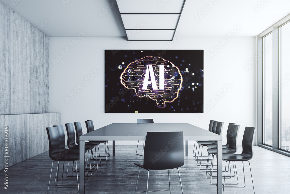 Aufkleber creative human brain microcircuit on presentation monitor in a modern boardroom. future technology a