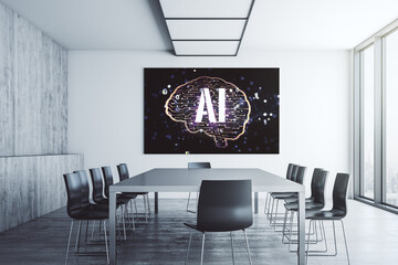 Creative human brain microcircuit on presentation monitor in a modern boardroom. Future technology and AI concept. 3D Rendering