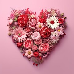 pink and red flowers make up the heart shape on a pink background, generative ai
