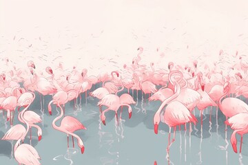 light watercolor, A lively illustration of a group of flamingos wading in a shallow lagoon