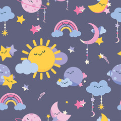 Fototapeta na wymiar Purple unicorn, rainbow, moon, sun, cloud, kids children repeating seamless wallpaper