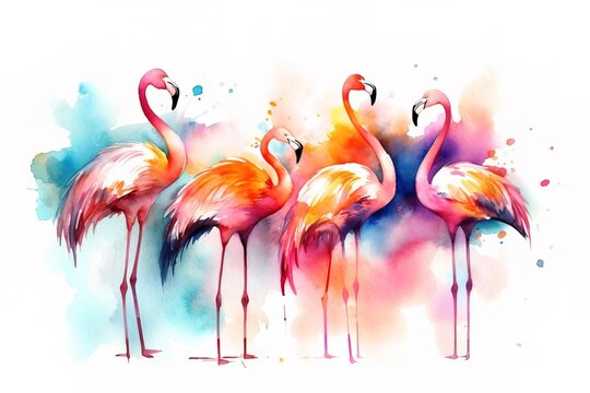 light watercolor, A lively illustration of a group of flamingos wading in a shallow lagoon