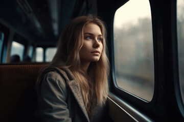 Fototapeta na wymiar Young woman traveling local trip by train