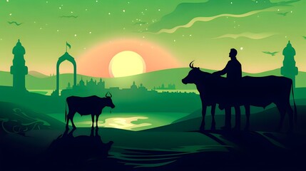 Sillhouette of Muslim man sacrifices cow in mosque during hajj with cow, Eid al-Adha illustration, Generative AI