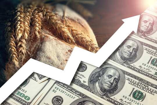 Food price rise. Food crisis concept. Global financial crisis. Food deficiency. Price growth chart. Lack of bread and grain