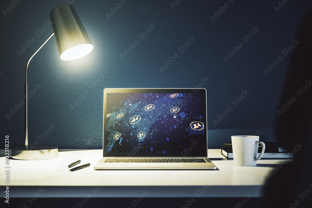 Poster Modern computer monitor with social network icons concept with world map. Marketing and promotion concept. 3D Rendering