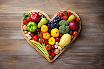 Healthy food in heart on wood table by generative AI