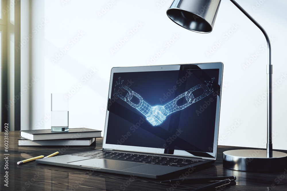 Poster creative concept of blockchain technology with handshake on modern laptop screen. digital money tran