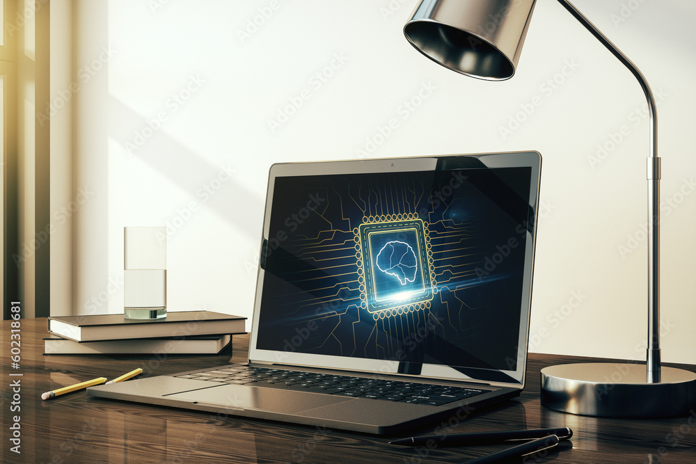 Poster modern computer display with creative human brain microcircuit. future technology and ai concept. 3d