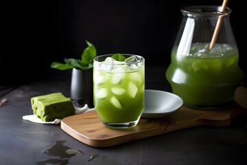 Matcha Green Tea with an ice cube in a glass. Close up. Generative AI.