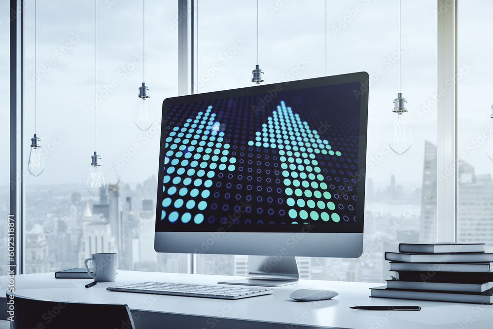 Poster modern computer monitor with creative abstract upward arrows hologram. ambition and challenge concep