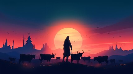 Sillhouette of Muslim man sacrifices cow in mosque during hajj with cow, Eid al-Adha illustration, Generative AI