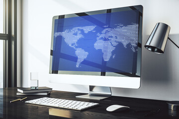 Naklejka premium Abstract creative world map on modern laptop screen, international trading concept. 3D Rendering