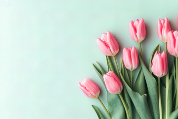 Fototapeta premium Spring flowers. Top view photo of bouquet of pink tulips on green pastel color background. Flat lay. Mothers day and women days celebration.