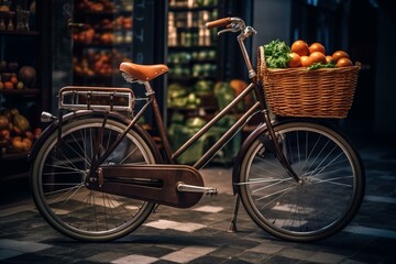 Obraz na płótnie Canvas Bicycle with produce baskets attached to front and back wheels. Generative AI