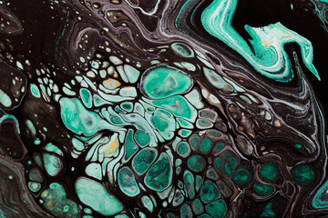 Abstract green black color background. Multicolored fluid art. Waves, splashes and blots acrylic alcohol ink, paints under water