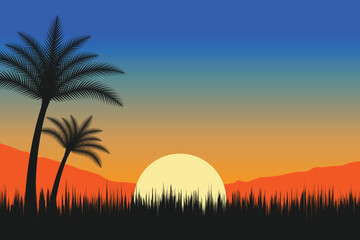 summer Sunset beach vector background, Sunset scene landscape background, tropical beach landscape illustration, Sunset beach with palm trees vector background, gradient beach scenery background 