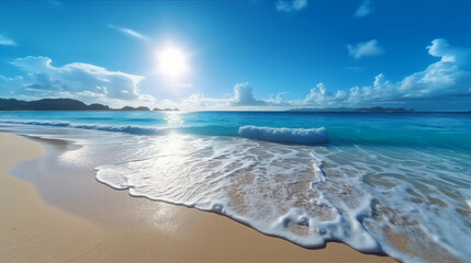 A beautiful beach with crystal blue water and white sand. AI generative