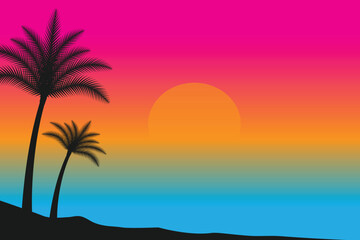 summer Sunset beach vector background, Sunset scene landscape background, tropical beach landscape illustration, Sunset beach with palm trees vector background, gradient beach scenery background 