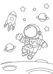 Vector illustration. Coloring page decorated with outline space elements. Coloring book page printable template a4 for children and adult