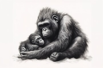 Chimpanzee mother with her baby, sketch for your design