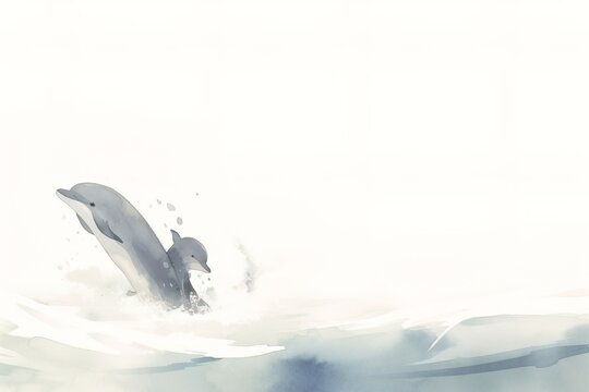 Watercolor Illustration Of A Couple Of Dolphins Swimming On The Waves.