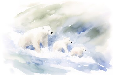 Polar bear mother with cubs on water. Watercolor painting