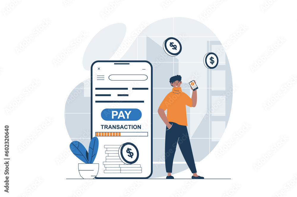 Aufkleber mobile banking web concept with character scene. man makes online payment and doing fast transaction