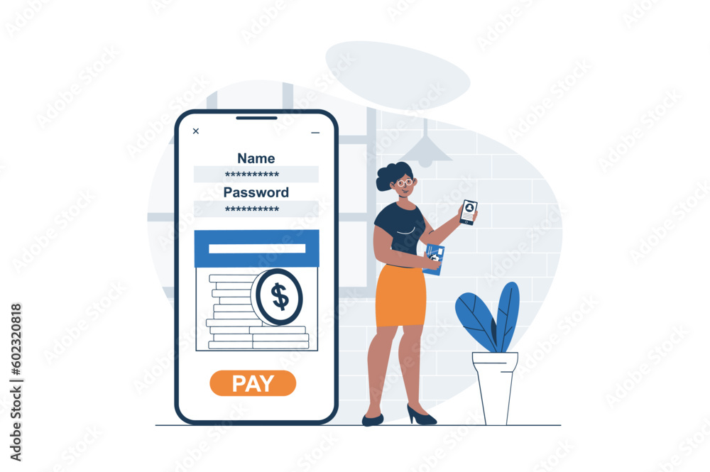 Poster mobile banking web concept with character scene. woman manages finances and access to account in app