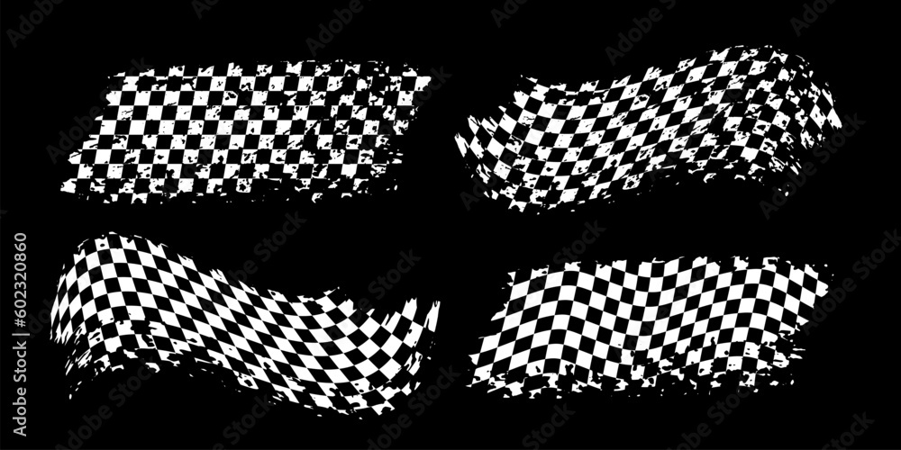 Aufkleber Grunge waing car race flags set with scratches vector illustration. White checkered pattern of start and finish of auto rally and motocross, banner for karting sport, championship trophy on black