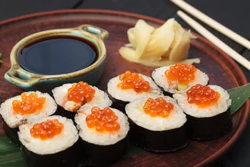Gordijnen Large set of sushi with soy sauce and wasabi © Alernon77