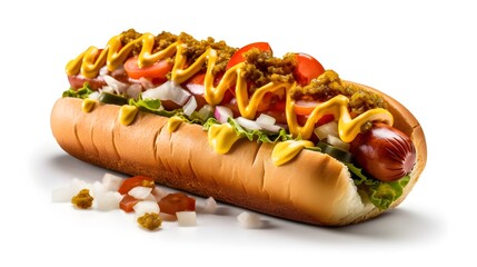 Juicy hot dog on white hot dog with, mustard, ketchup, onions, bacon and bacon, white background, space for copy